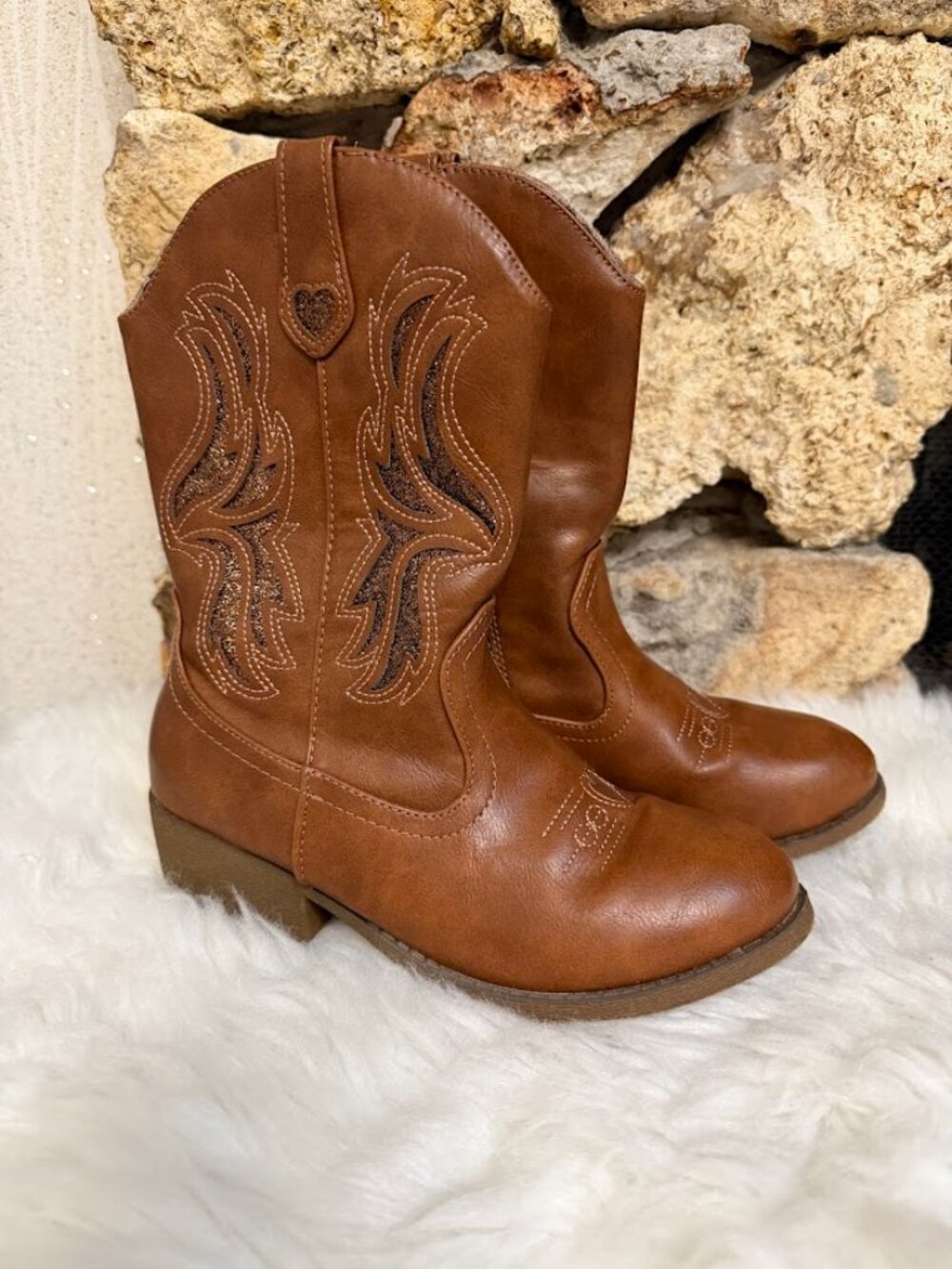 Jellypop Kids Brown Western Cowboy Boots Glitter Heart Zip Size 4M